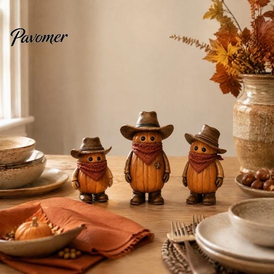 Kids Room Holiday Decor 3PCS Western Cowboy Pumpkin Figurine, Retro Man Statues with Hat, Cute Plastic Figurines Fall Thanksgiving Halloween Tabletop