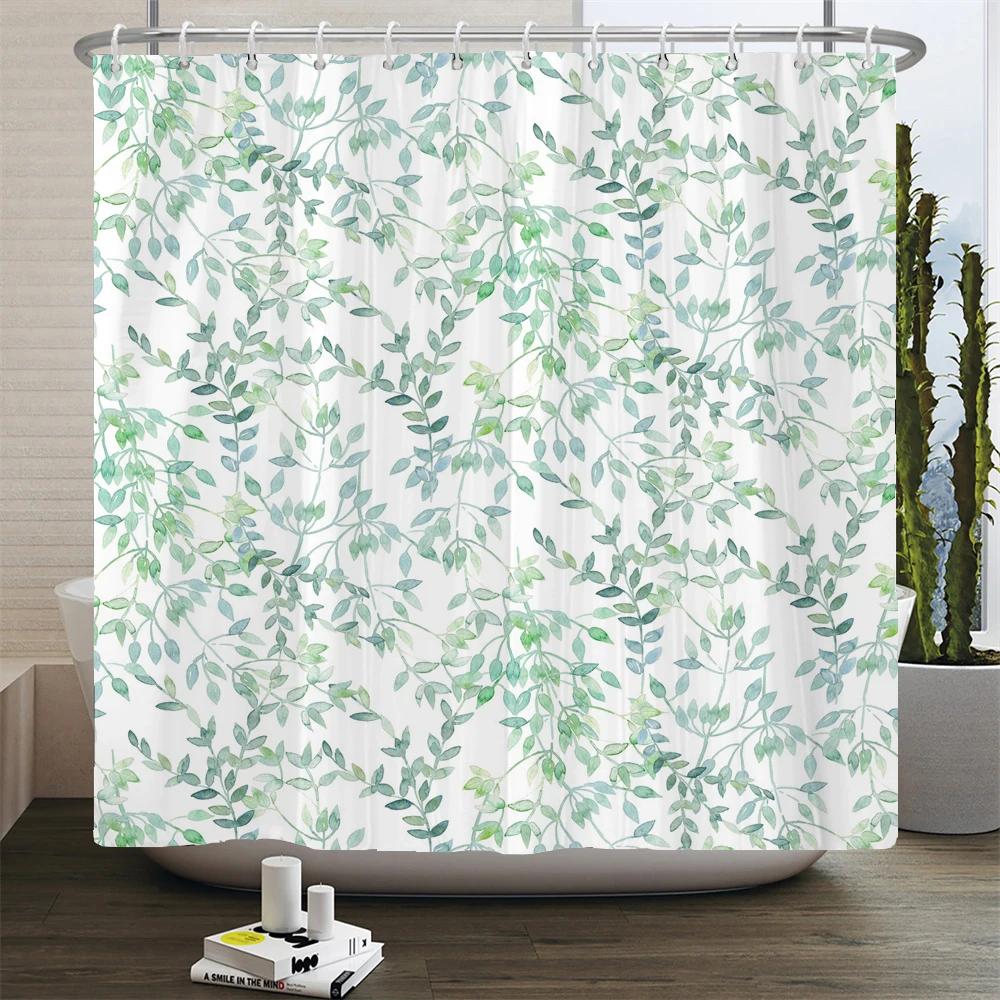 Green Plant Leaves Printed Shower Curtains Waterproof Polyester Curtain with Hook Decoration Bathroom Curtains 3D Shower Curtain