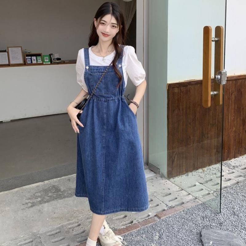 Women's Denim Suspender Skirt Spring Summer Causal Strap Female High Waist A-line Solid Lace-up Woman Skirts