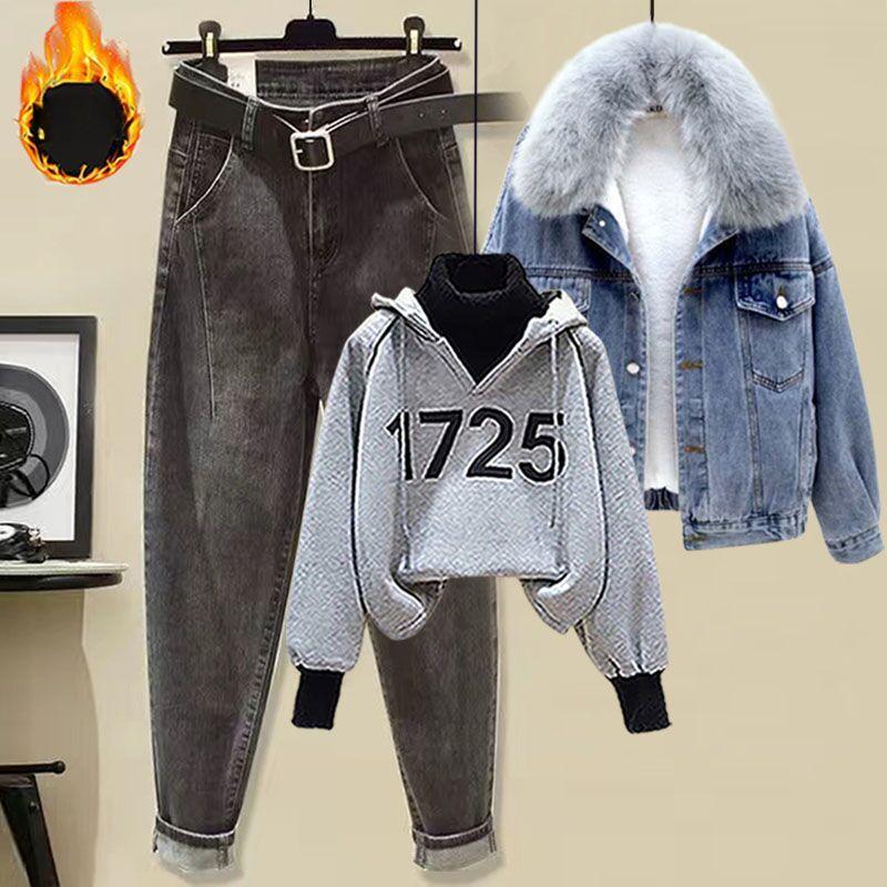 Three-Piece Women's Winter Suit: Fur Collar Lamb Wool Velvet-Added Thick Denim Jacket, Jeans and Fashion Sweater