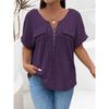 2026 Spring/Summer New Plus Size Solid Color Women's V-Neck T-Shirt Loose Top with Zipper Short Sleeves and Faux Pockets