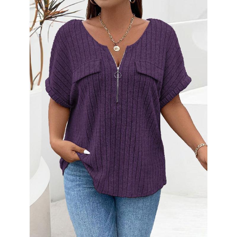 2026 Spring/Summer New Plus Size Solid Color Women's V-Neck T-Shirt Loose Top with Zipper Short Sleeves and Faux Pockets