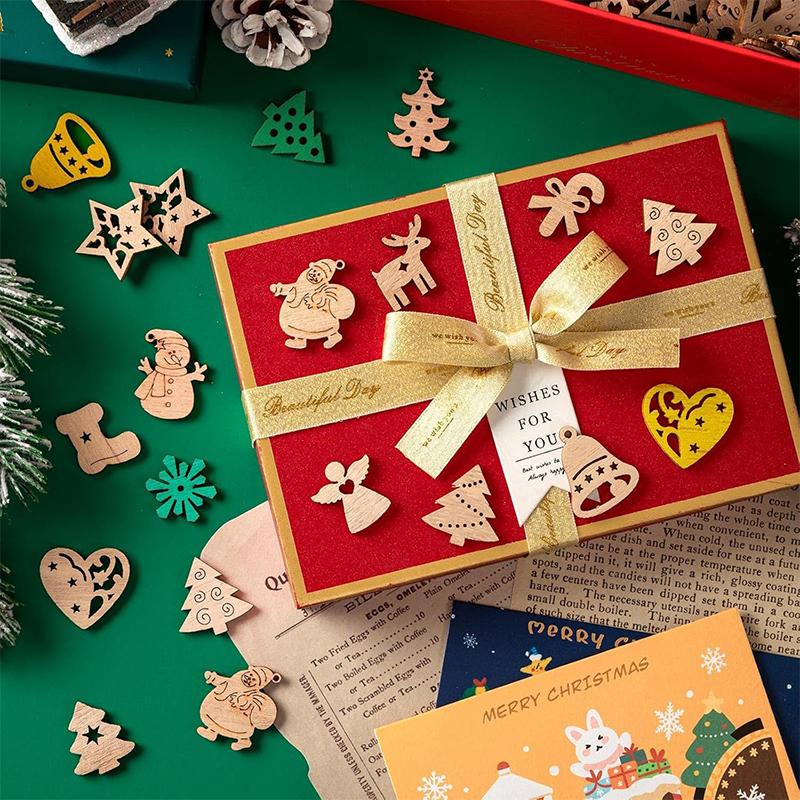 50Pcs 3cm Cartoon Wooden Christmas Snowflake Tree Angel Mini Wood Chip Mixed Christmas DIY Home Room Decoration Accessories