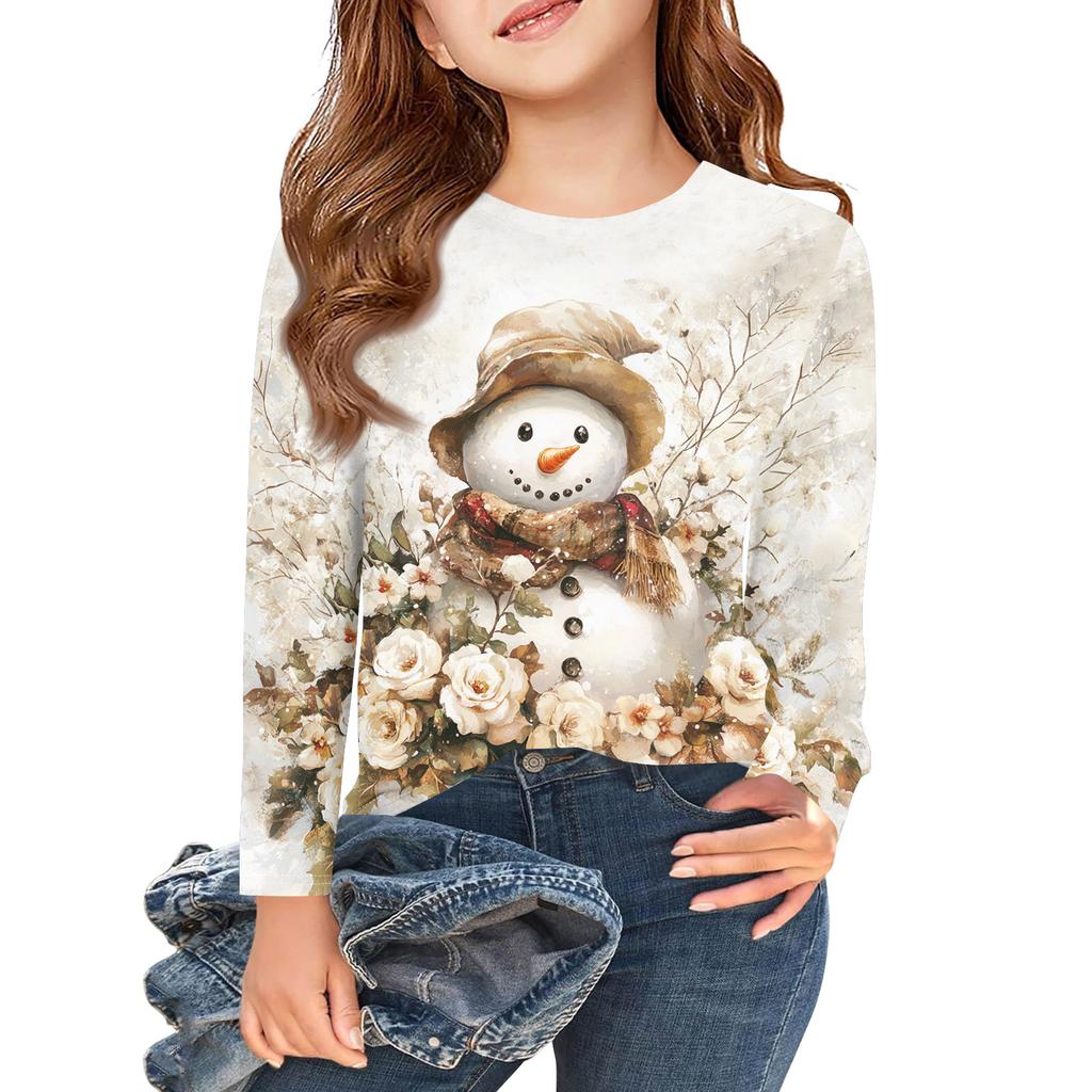 Christmas Day Girls Long Sleeve T Shirts Kids Fall Tops Crewneck Printed Basic Tees