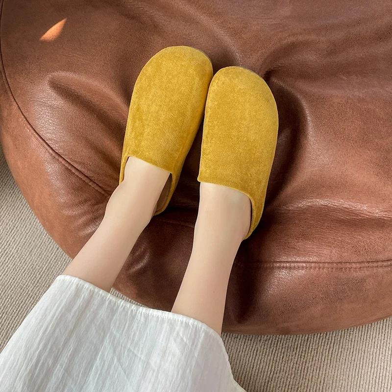 Fashion New Retro Solid Color Flat Bottom Women's Shoes Ladies Slides Fashion Suede Slippers Mules Casual Cozy Female Sandals