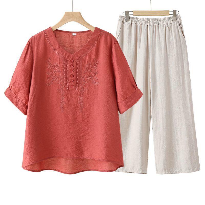 

Летний тонкий костюм женский вышитый короткий рукав футболка женская мода двойка брюки топ L красный