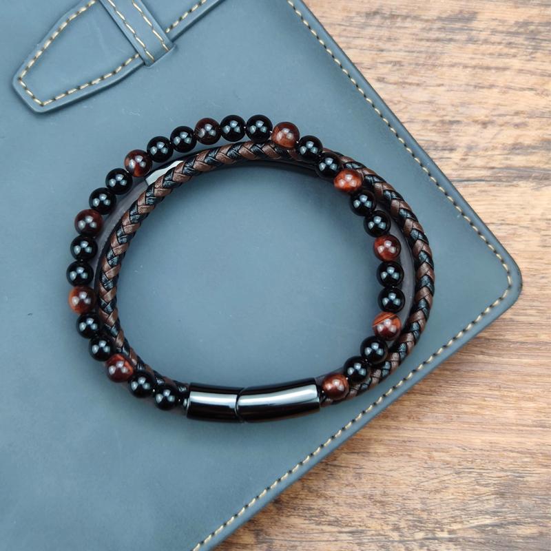 2025 Blue Stone Bracelet Genuine Blue Leather Braided Bracelet Stainless Steel Magnetic Clasp Tiger Eye Bead Bangles Men Jewelry