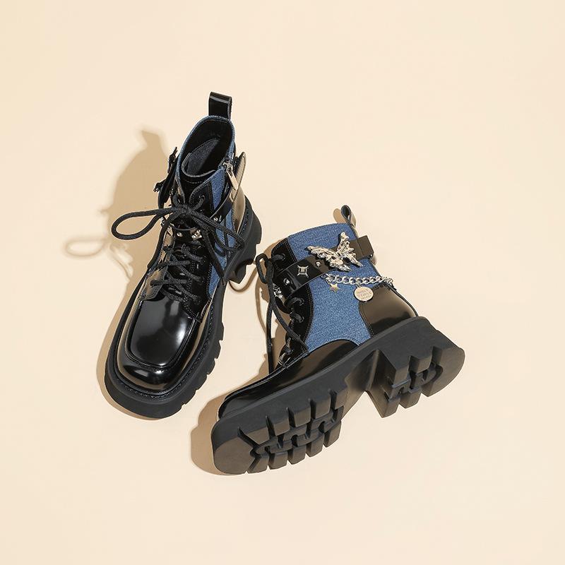 Autumn New Liquid Butterfly Martin Boots Thick-soled Casual Lightweight Knight Boots Women's Short Boots Women's Thick Heel