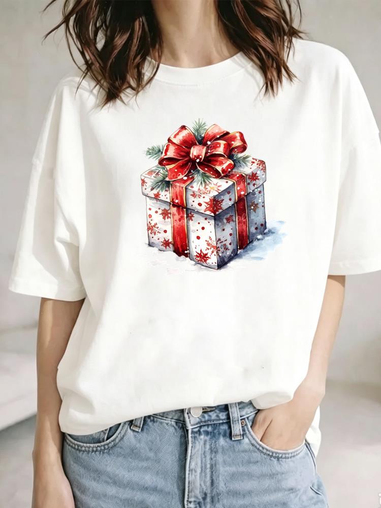 (Asian Size) lovely letter Christmas Festival Tee Top New Year Clothing T Shirt Women Fashion Print Female Woman Short Sleeve Graphic T-shirts