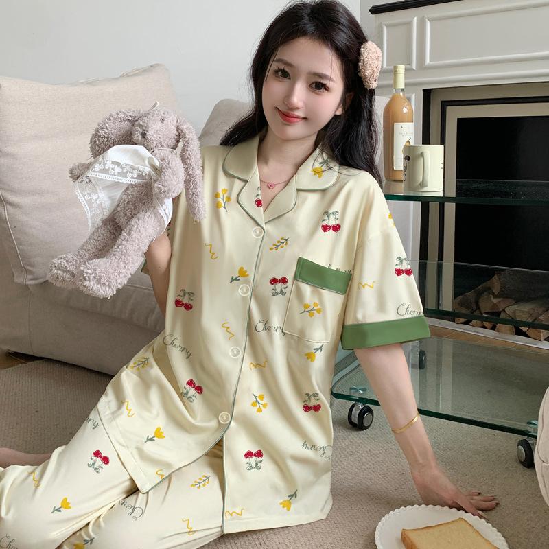 Imitation cotton pajamas women's summer new fashion casual cardigan short-sleeved trousers large size autumn loungewear