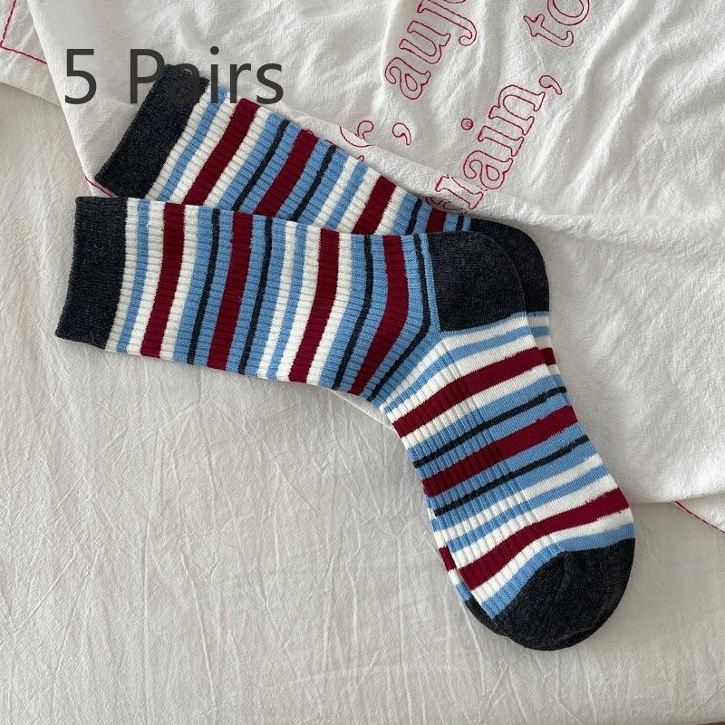 5 Pairs of Women's Spring and Autumn Striped Cotton Wicking Anti Pilling Mid Tube Socks