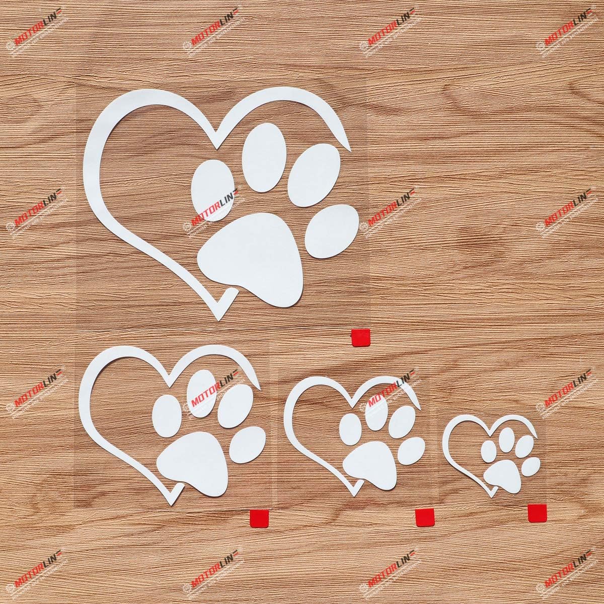 

Dog Paw Print Puppy Love Heart Decal Vinyl Sticker - 4 Pack White, 2 Inches, 3 Inches, 4 Inches, 6 Inches - Die Cut No Background for Car Boat Laptop