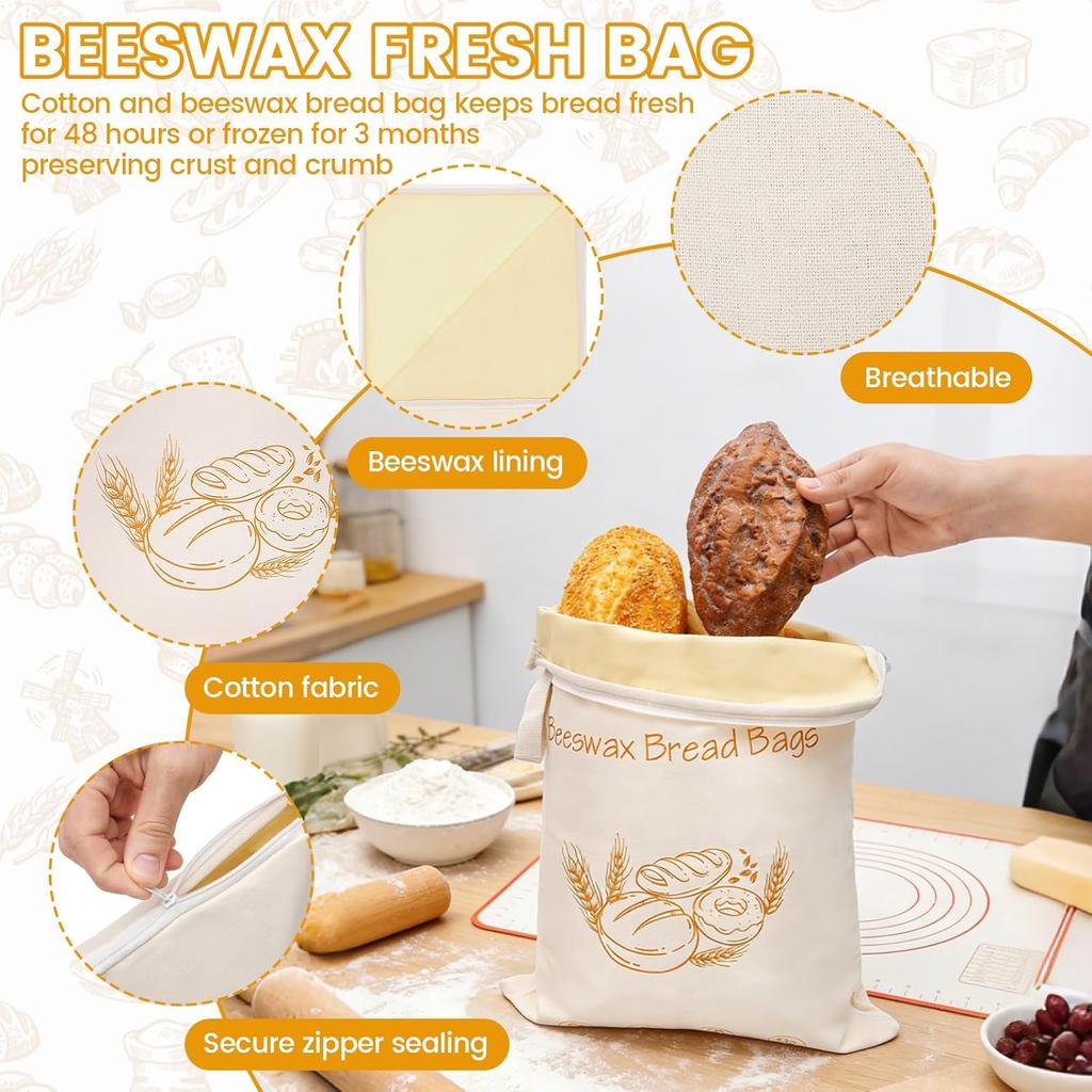 2 Peças Saco de Pão de Cera de Abelha com Zíper em L Grande Capacidade Reutilizável para Pão de Fermentação Natural Queijo para Padeiro Casa Agricultor 16,5x13 Polegadas
