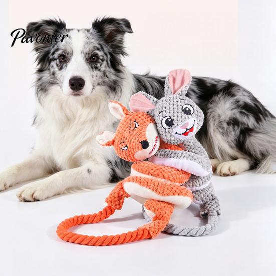 Wear Resistant Plush Dog Toys Tug Rope Toy, Cute Fox Rabbit Squeaky Chew Toy with Crinkle Paper, Funny Cartoon Pull Interactive for Medium Large Dogs,