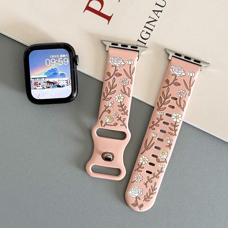 New Floral Engraved Bracelet For Apple Watch Band 44mm 42mm 41mm 40mm 45mm 49mm 46mm Correa Iwatch Series 10 9 7 SE 6 8 Ultra