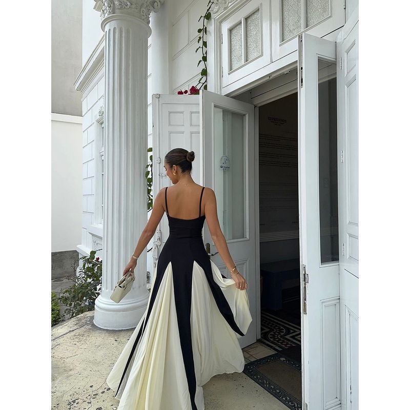 Night and France French Style Sexy Style Black and White Color Matching Sling Dress Slim Fit Slimming Formal Dress Mopping Floor Long Dress