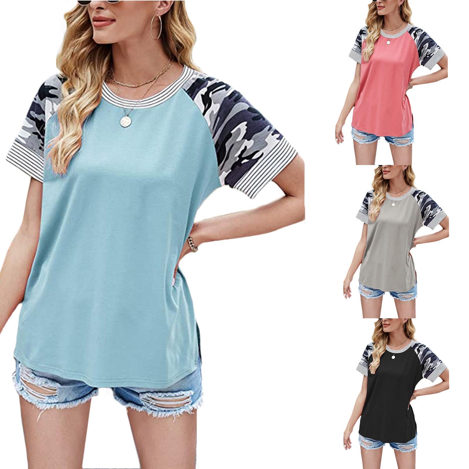 

Women s Casual Round Neck Print Stitching Striped Short-sleeved T-shirt Top