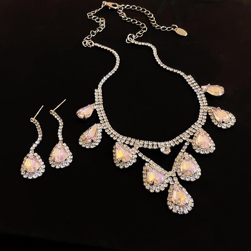 

French light luxury water drop diamond stud earrings necklace set temperament fashion collarbone chain personality versatile high-end jewelry