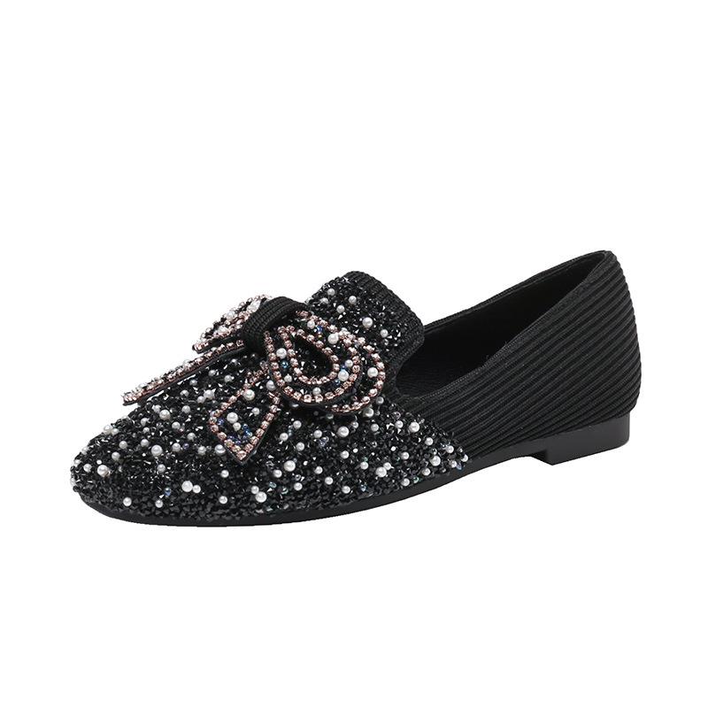Flat-soled Ladyshoes Women's New Single Shoes Bow Gentle Rhinestone Pearl Shoes To