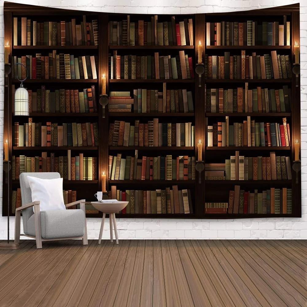 Bookshelf Tapestry, Digital Illustration Of Abstract Design Library In Forest Academic Themed Picture, Wall Hanging Wall Decor