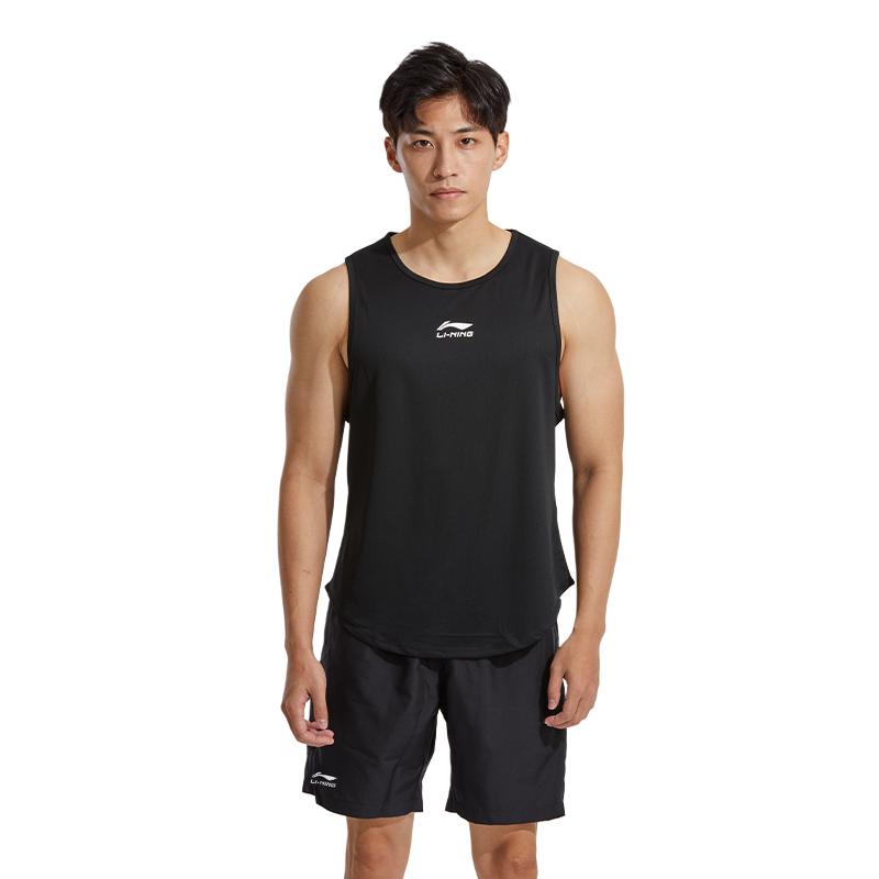 Li-Ning Solid Color Round Neck Sleeveless T-Shirt And Mid-Waist Elastic Shorts Casual Sports Set Men Sets Black ZHMB407-1+ZHMB063-2
