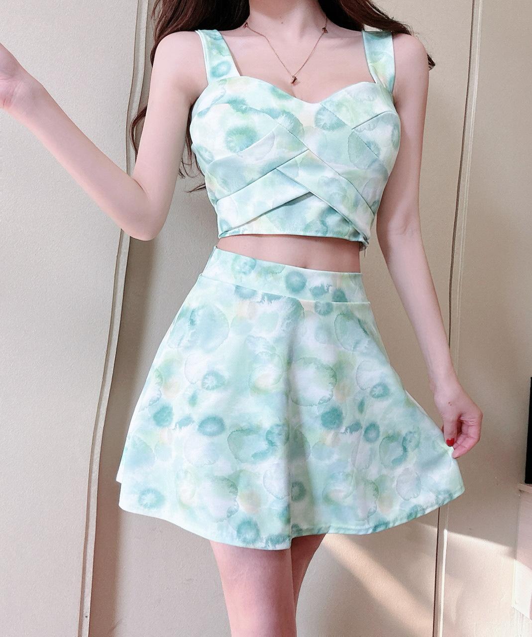 

Sexy printed suspender vest skirt high waist A word bottoming short skirt two-piece set summer new women s clothing set L