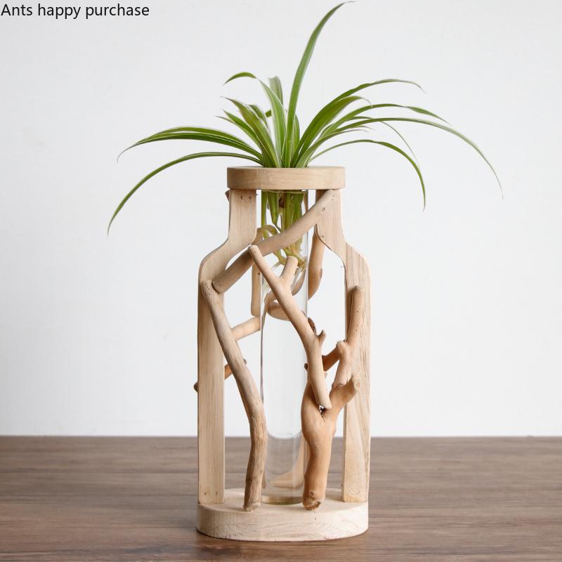Pure Handwork Wooden Vase Decorated Solid Wood Flower Pot for Creative Glass Floral Hydroponic Container Home Decorative Vase
