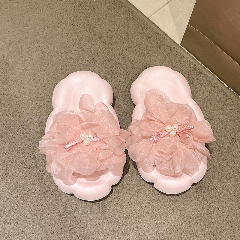 Perlenblumen-Flats Damenmode Runde Spitze Offene Zehenpartie Weiche Sohle Rutschfest und Verschleißfest Mittelhohe Hausschuhe