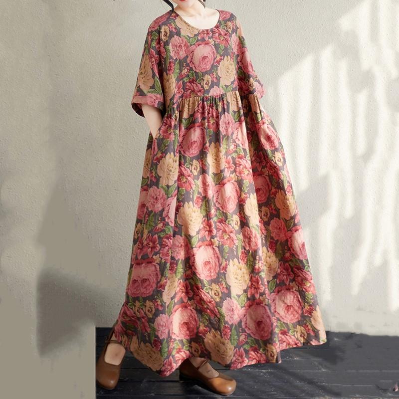 

Новые женские платья с коротким рукавом больших размеров в винтажном стиле с цветочным принтом, повседневное свободное длинное летнее платье макси
