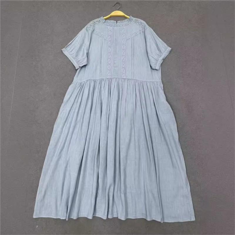 Johnature Summer Palace Style Loose Waist Patchwork Lace Dress Women Vintage Solid Color Ruffles Dresses