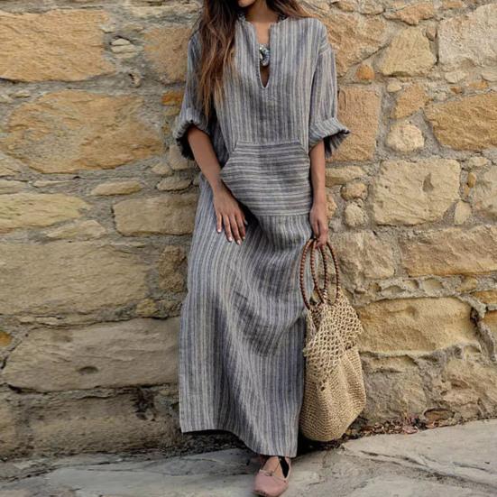 Women's 3/4 Sleeve Striped Maxi Dress Casual Loose Fit Sundress with Front Pocket Summer Beach Vacation Outfits