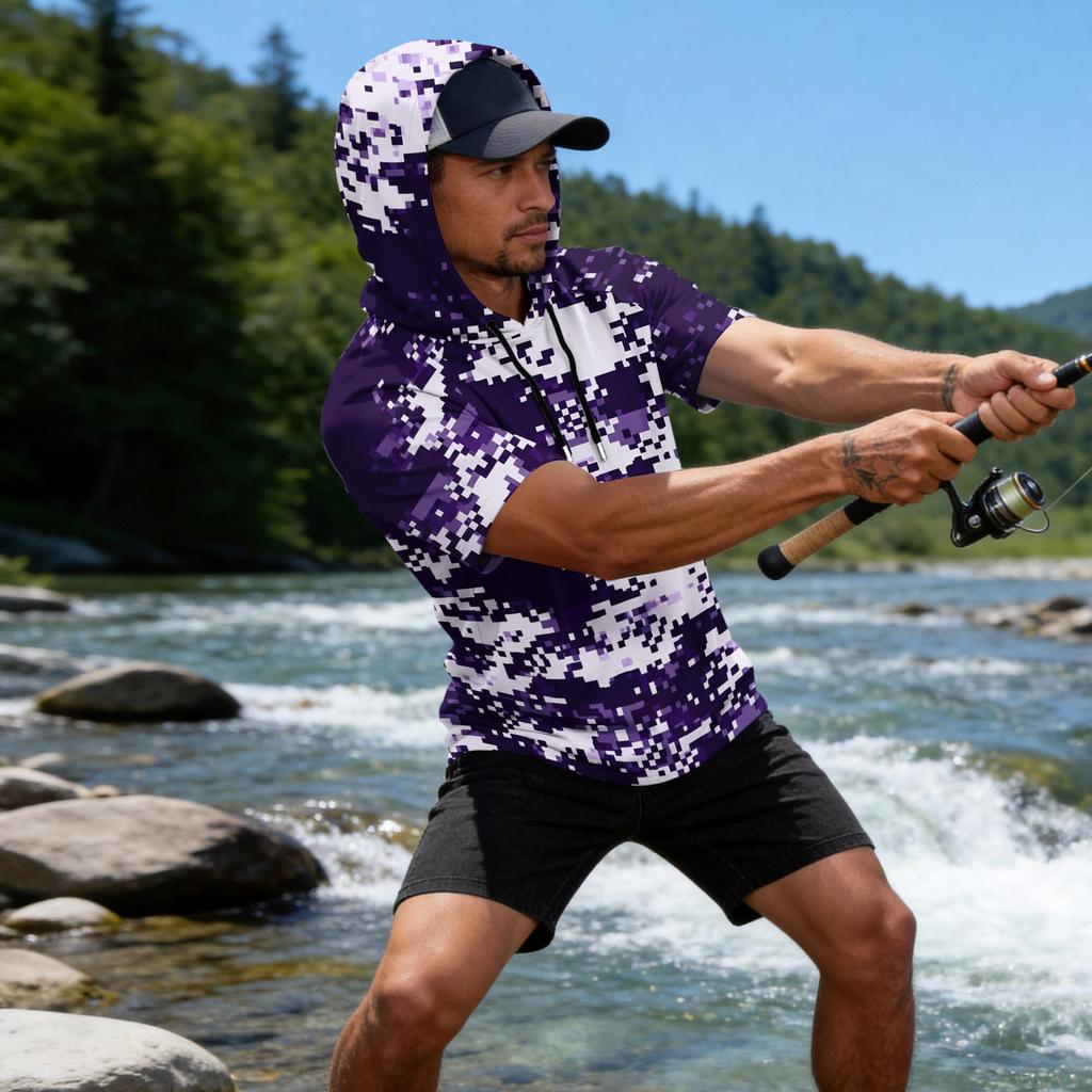 Men's Camouflage Print Raglan Sleeve Casual Sport Fishing Sun Protection Short Sleeve Hoodie Pullover Top for Outdoor Activities