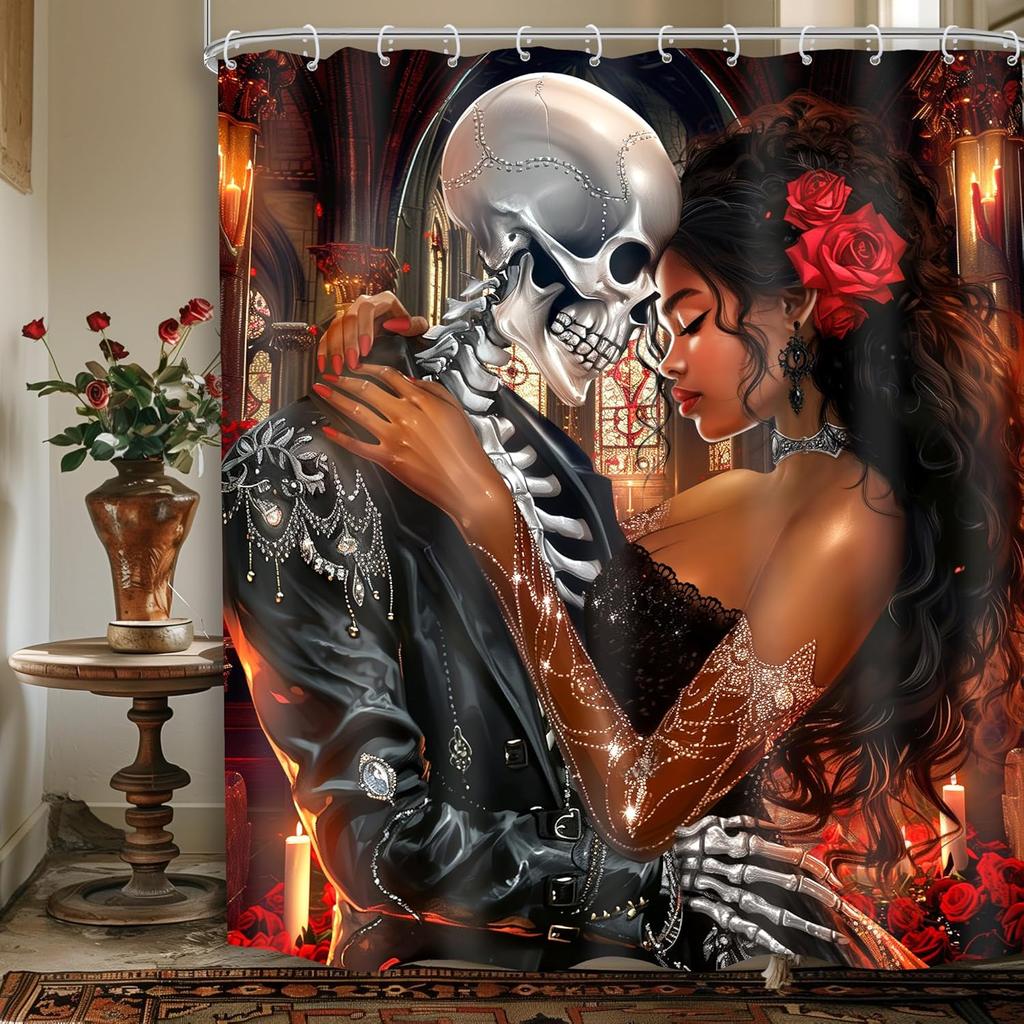 Funny Skull Skeleton Shower Curtain Halloween Pink Girl Gothic Spooky Black Flower Rose Floral Red Wine Unique Scary Women
