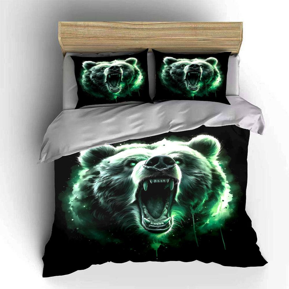Glowing green roaring bear. Bedding sets Duvet cover sets Duvet covers Pillowcases(1*Duvet Cover 2*Pillowcases without duvet insert)