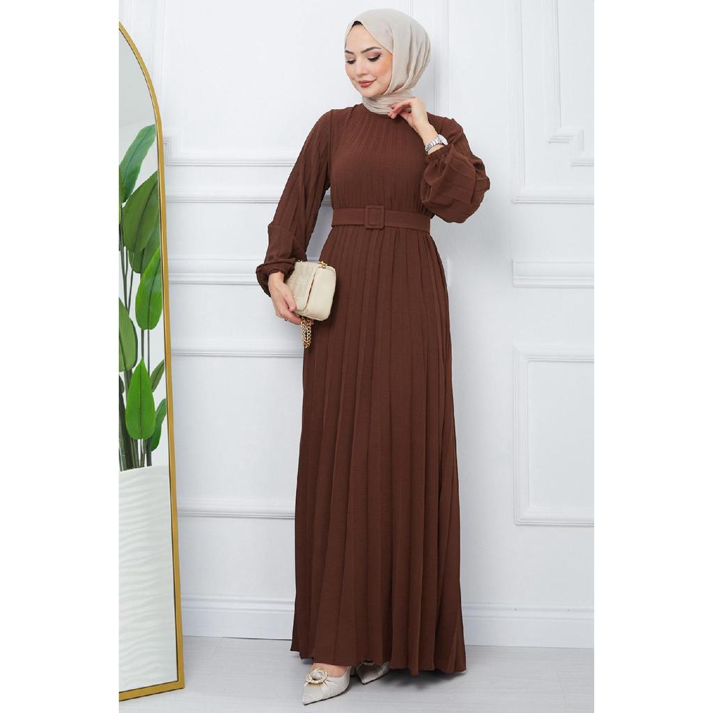 Belted Pleated Aerobin Dress Khaki Hm2339