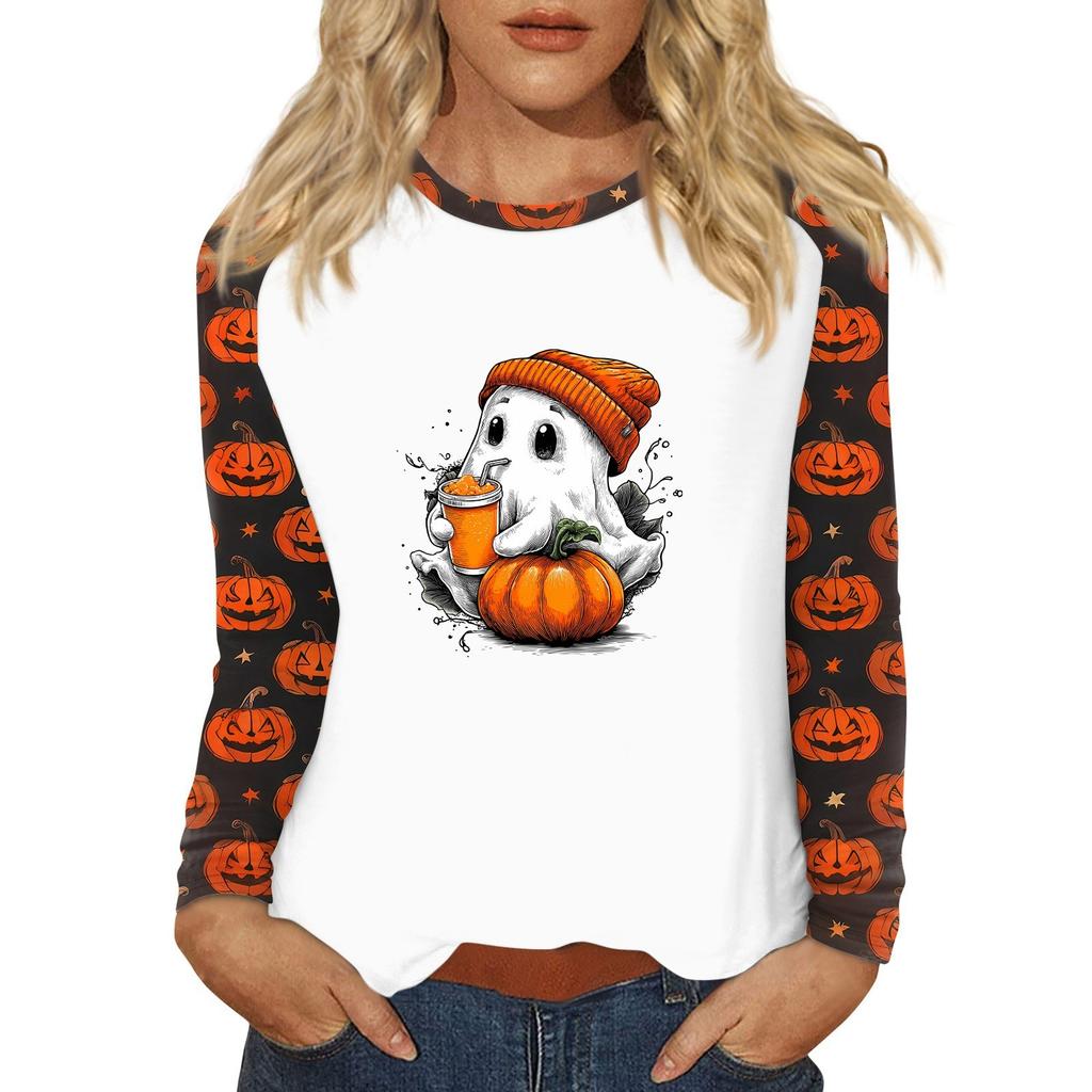 Women's T Shirt Halloween Print Long Sleeve Daily Fashion Basic Round Neck Raglan Sleeve Top