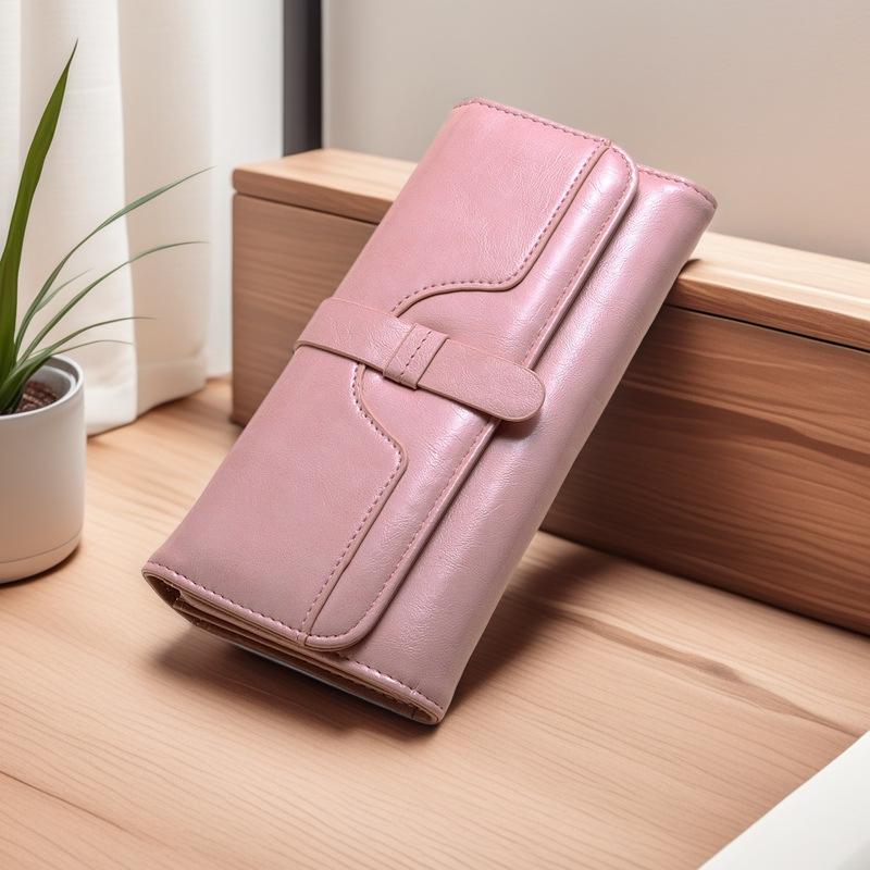 Women's Tri-fold Oil Wax Leather Wallet with Buckle - Multi-Card Holder, Solid Color, Fashionable and Simple Design