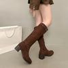 Cow Suede Tall Boots Fall Winter New Round Toe Side Zipper Belt Buckle Soft Sole Non-Slip Block Heel Boots