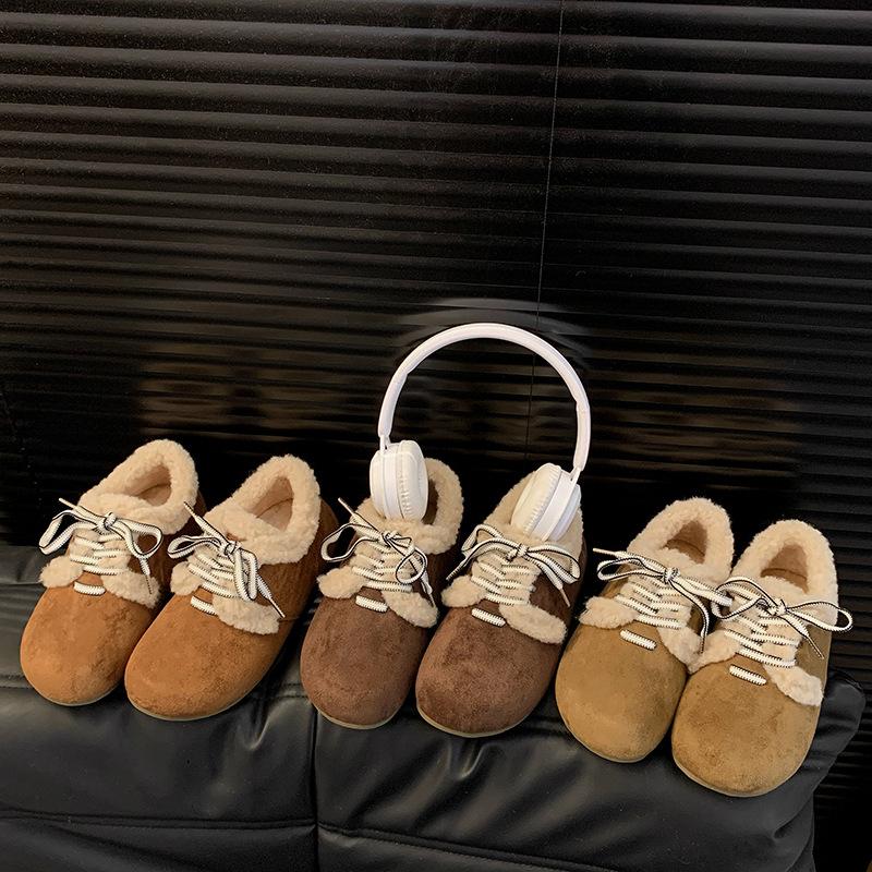 Fleece Warm Cotton Shoes 2024 Autumn and Winter Retro Round Head Lace-up Versatile Flat Bottom Non-slip Women's Single Shoes
