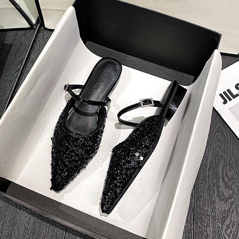 Fashion Silver glitter slides summer shoes woman low heel slippers bling bling pointed toe sandalias 34-42 big size mules women pantufla
