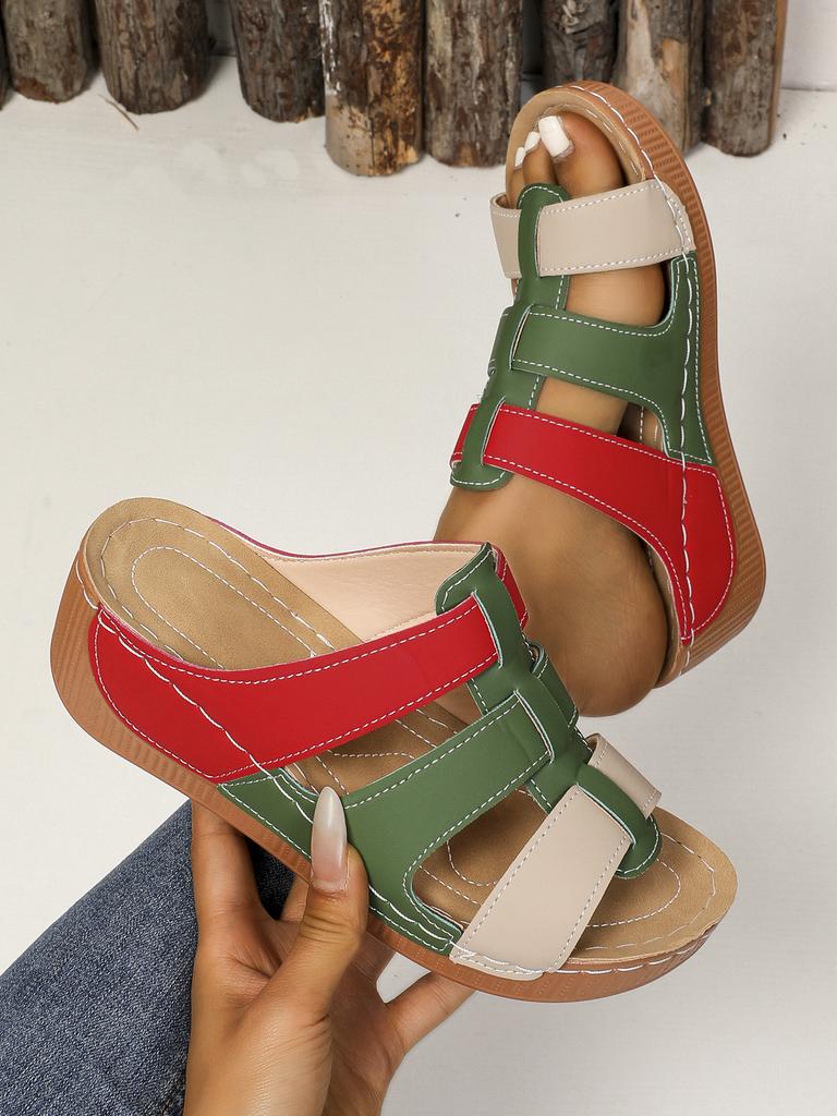 Color matching hollow thick-soled one-word slippers women's sewing line slope heel beach cool slippers