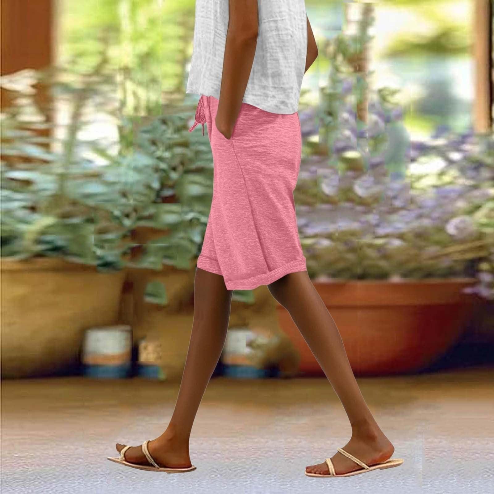 

Капри женские укороченные льняные брюки длиной до колена с высокой талией и карманами XXL горячий розовый