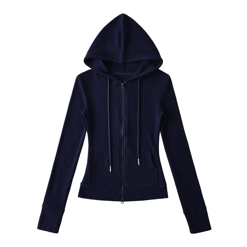 Women's American-Style Slim Fit Thermal Fleece Hoodie with Double Zippers & Large Pockets for Autumn/Winter Yoga