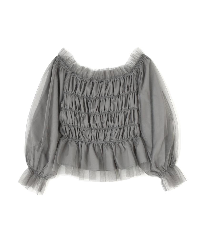 Proportion Body Dressing Long Sleeve Tulle Shirred Charcoal Women's Blouse,