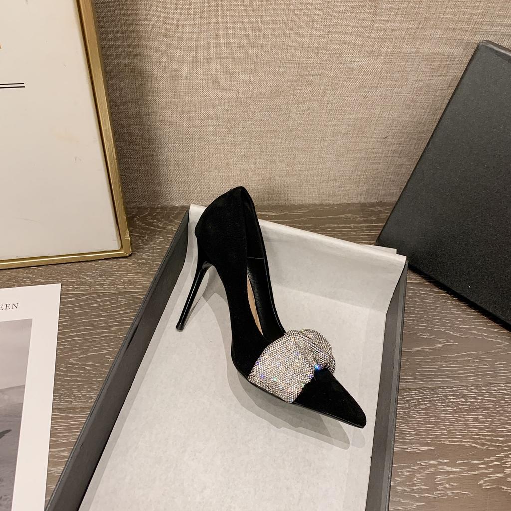 New pointed thin heel rhinestone sexy shallow mouth female king single shoes women's black suede high heels
