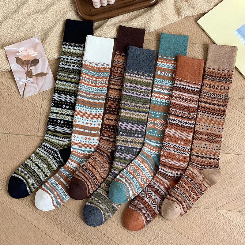 Autumn Winter Knitted Women Stockings JK Japanese Cotton Solid Color Girls Long Socks Stockings Ethnic Harajuku Retro Knee Socks