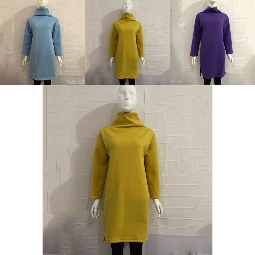 Rahat Yüksek Yaka Tasarımlı ve Yırtmaçlı Hemli Kadın Kışlık Uzun Sweatshirtler