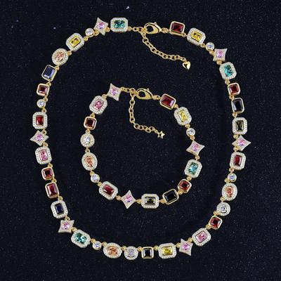Hip Hop Dopamine Colored Gemstones Wind-Set Diamonds Geometric Adjustable Women'S Light Luxury Necklace Jewelry