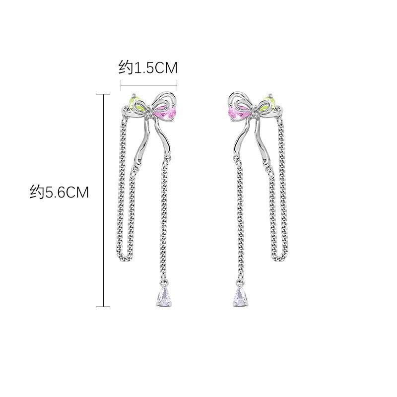 Original colored diamond bow earrings tassel exquisite sweet and cool stud earrings 925 silver needle personalized versatile earrings