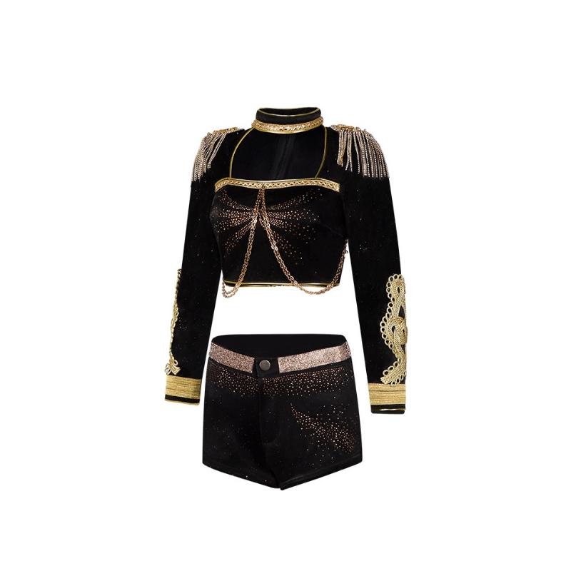 Completo da Performance Stage Kpop da Donna, Giacca Nera con Ricami Dorati con Set di Pantaloncini a Gonna Pieghettata, Costume da Idol Scintillante con Strass per Concerto, Tuta da Ballo